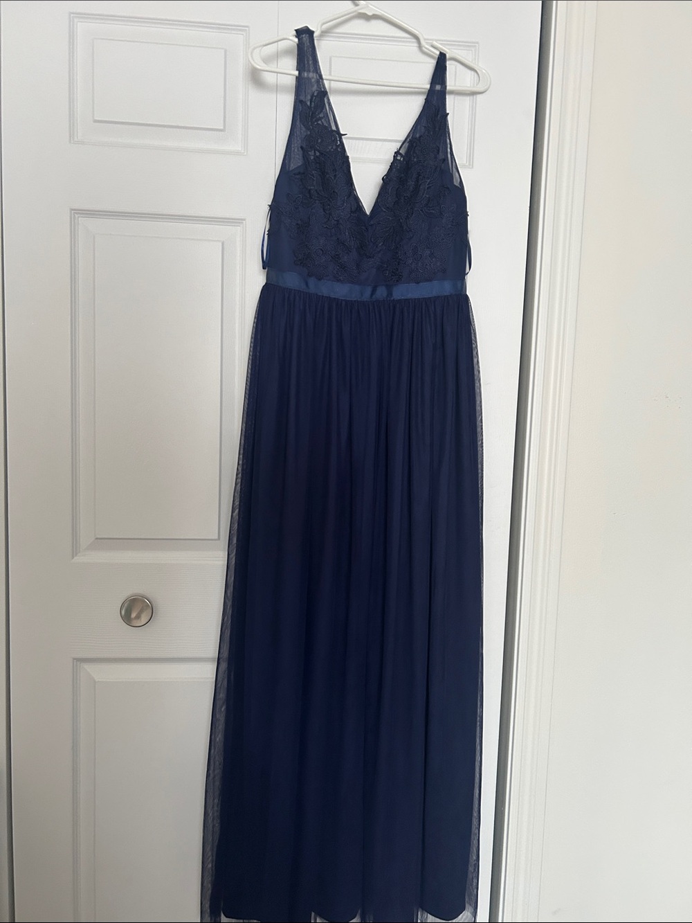 Navy V-Neck Lace Maxi Dress with Satin Waistband